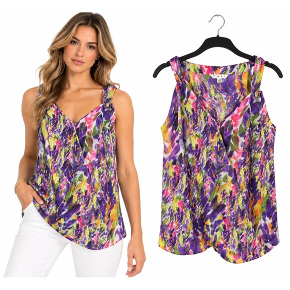 CAbi Tops - CAbi Petals Top #730 XS Watercolor Floral Sheer Faux Wrap Sleeveless Blouse
